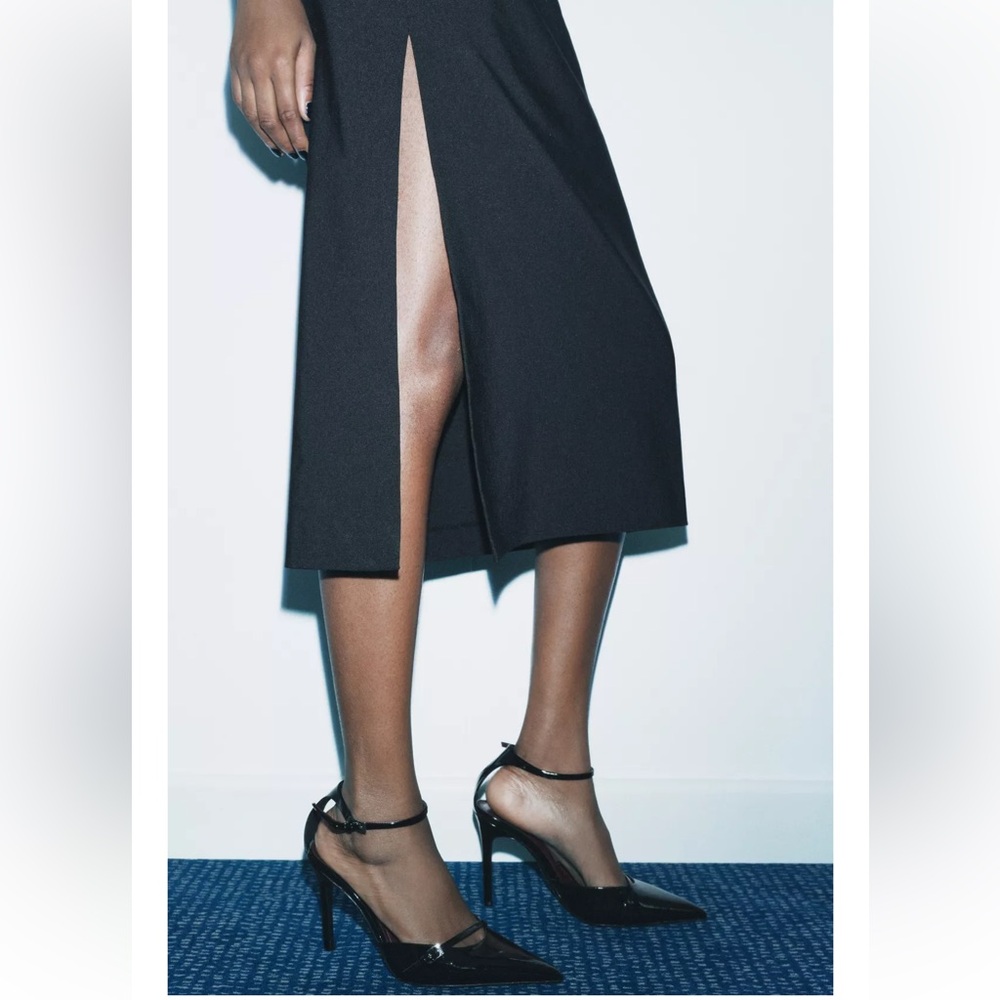 Zara Black Cut Out Midi Dress cotton blend one long sleeve Pleated knot ZW NWT - Picture 7 of 16